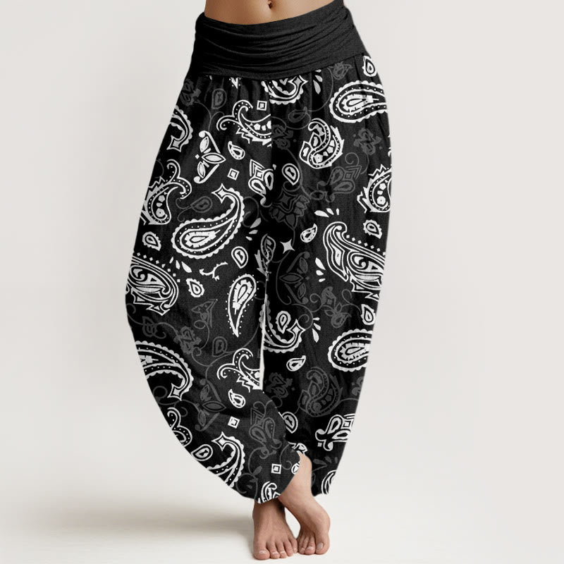 Buddha Stones Casual White Paisley Pattern Women's Elastic Waist Harem Pants - Black - US22，UK/AU26，EU54 (6XL) - image 0