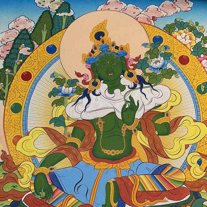 Buddha Stones Tibetan Thangka Painting Yellow God of Wealth Green Tara Avalokitesvara Handmade Decoration Blind Box(Random Style) - image 8