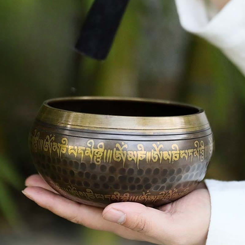 Buddha Stones Handcrafted Singing Bowl Scripture Pattern for Healing and Meditation Sound Bowl Set - image 0