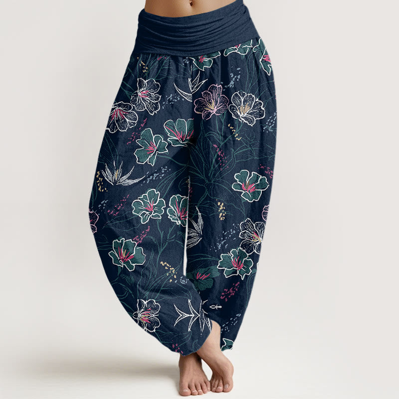 Buddha Stones Casual Tropical Flowers Foliage Pattern Women's Elastic Waist Harem Pants - MidnightBlue - US22，UK/AU26，EU54 (6XL) - image 0