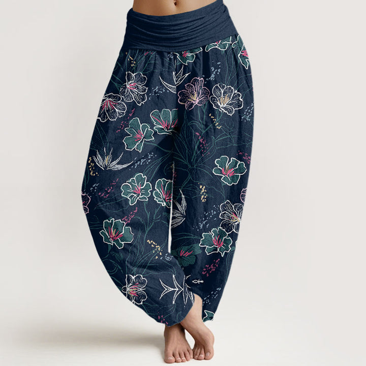 Buddha Stones Casual Tropical Flowers Foliage Pattern Women's Elastic Waist Harem Pants - MidnightBlue - US22，UK/AU26，EU54 (6XL) - image 0