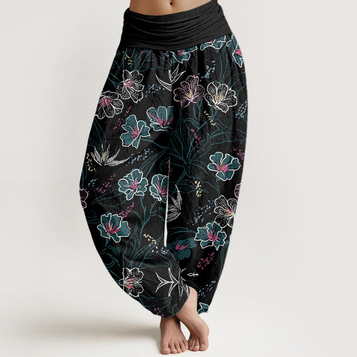 Buddha Stones Casual Tropical Flowers Foliage Pattern Women's Elastic Waist Harem Pants - Black - US22，UK/AU26，EU54 (6XL) - image 7