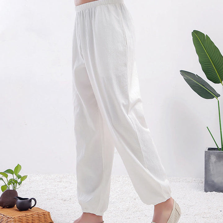Buddha Stones Summer Solid Color Unisex Elastic Waist Tai Chi Qigong Practice Pants With Pockets - White Female - 3XL-FIT FOR US/UK/AU/EU-2XL - image 3