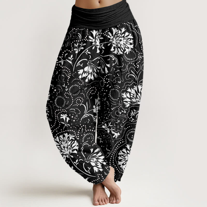 Buddha Stones Casual Floral Vine Plant Pattern Women's Elastic Waist Harem Pants - Black - US22，UK/AU26，EU54 (6XL) - image 4