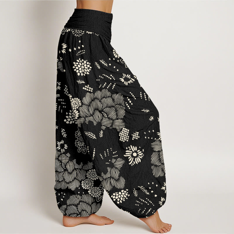 Buddha Stones Casual Floral Line Design Pattern Women's Elastic Waist Harem Pants - image 1
