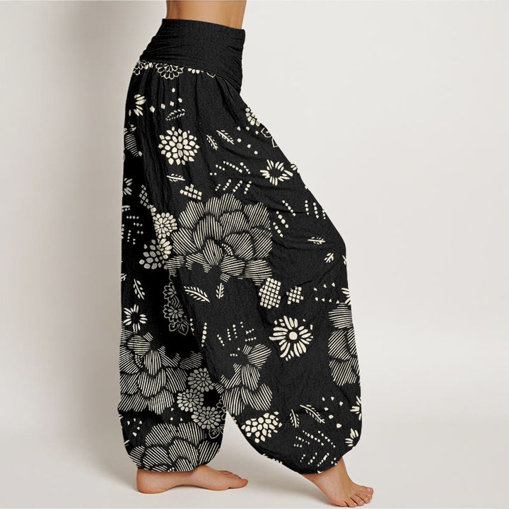Buddha Stones Casual Floral Line Design Pattern Women's Elastic Waist Harem Pants - image 1