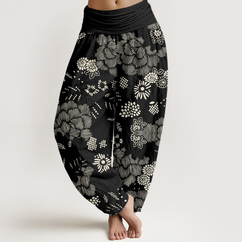 Buddha Stones Casual Floral Line Design Pattern Women's Elastic Waist Harem Pants - Black - US22，UK/AU26，EU54 (6XL) - image 0