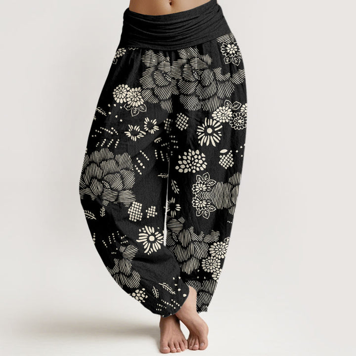 Buddha Stones Casual Floral Line Design Pattern Women's Elastic Waist Harem Pants - Black - US22，UK/AU26，EU54 (6XL) - image 0