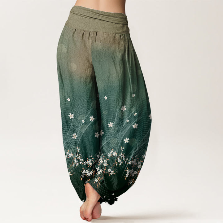 Buddha Stones Casual Gradient Floral Wavy Lines Circular Light Spots Pattern Women's Elastic Waist Harem Pants - image 2