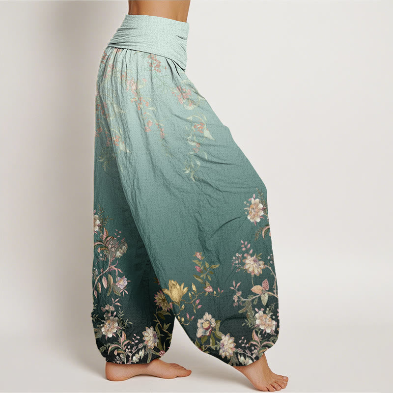 Buddha Stones Casual Gradient Delicate Floral Leaf Pattern Women's Elastic Waist Harem Pants - image 1
