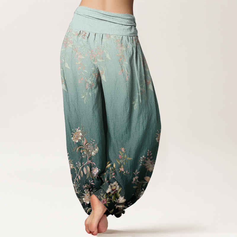 Buddha Stones Cotton Casual Gradient Delicate Floral Leaf Pattern Women's Elastic Waist Harem Pants - image 2