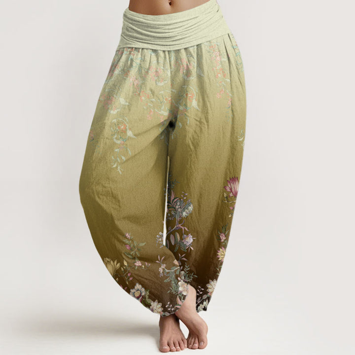 Buddha Stones Cotton Casual Gradient Delicate Floral Leaf Pattern Women's Elastic Waist Harem Pants - DarkKhaki - US22，UK/AU26，EU54 (6XL) - image 7