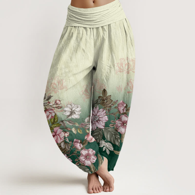 Buddha Stones Casual Gradient Petals Leaves Pattern Women's Elastic Waist Harem Pants - Green - US22，UK/AU26，EU54 (6XL) - image 0