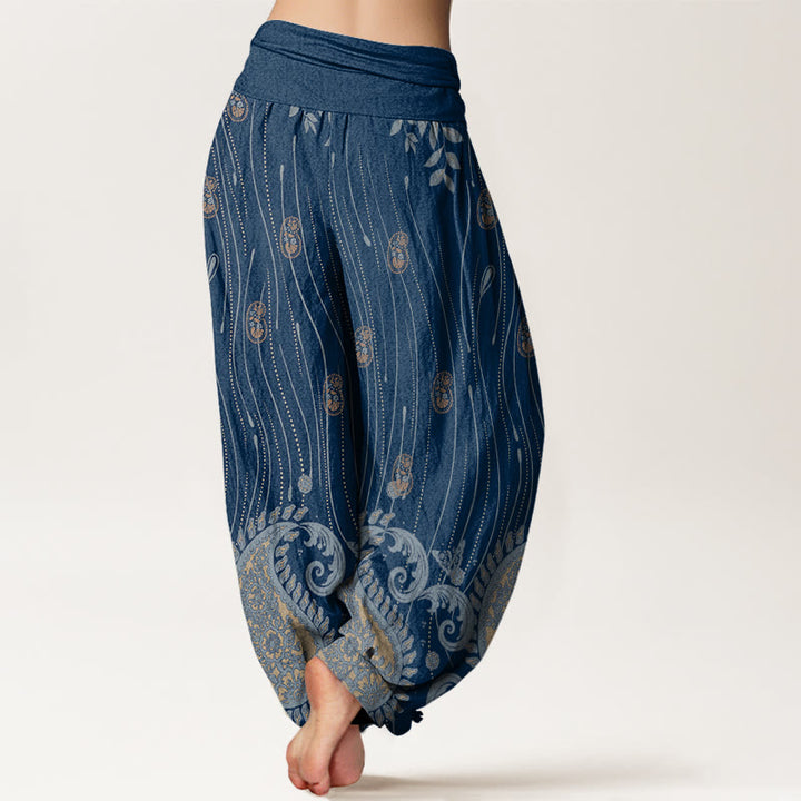 Buddha Stones Casual Paisley Plant Leaves Wavy Line Pattern Women's Elastic Waist Harem Pants - image 2
