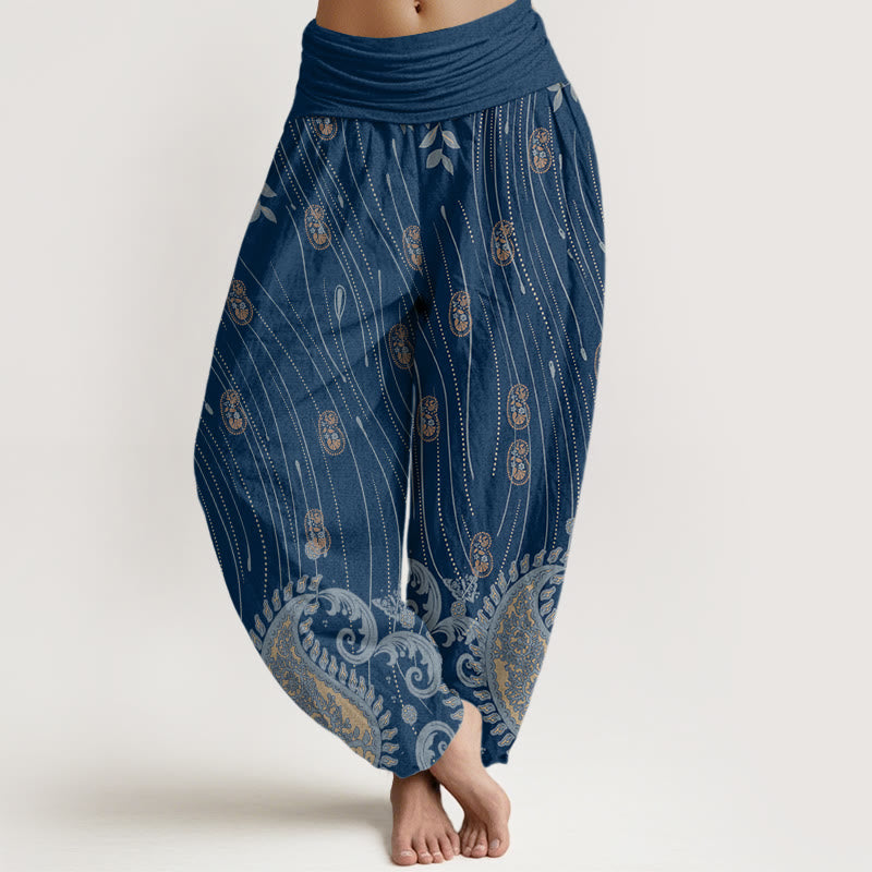 Buddha Stones Casual Paisley Plant Leaves Wavy Line Pattern Women's Elastic Waist Harem Pants - MediumBlue - US22，UK/AU26，EU54 (6XL) - image 0