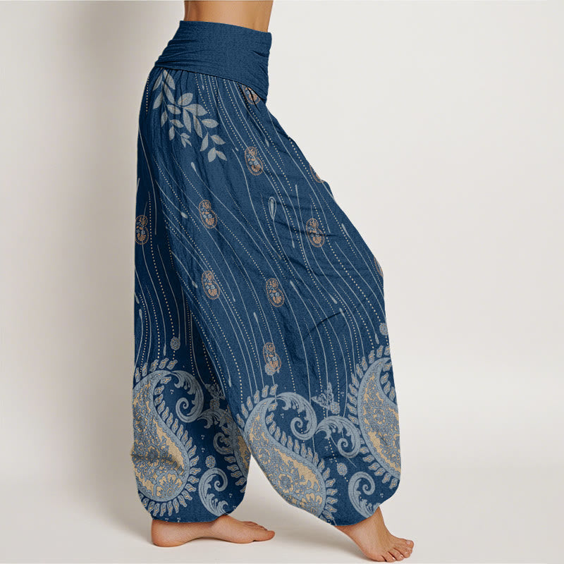 Buddha Stones Casual Paisley Plant Leaves Wavy Line Pattern Women's Elastic Waist Harem Pants - image 1