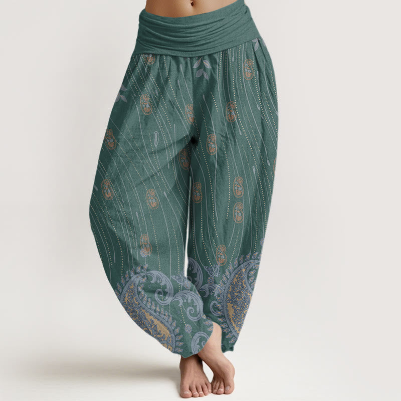Buddha Stones Casual Paisley Plant Leaves Wavy Line Pattern Women's Elastic Waist Harem Pants - DarkCyan - US22，UK/AU26，EU54 (6XL) - image 4