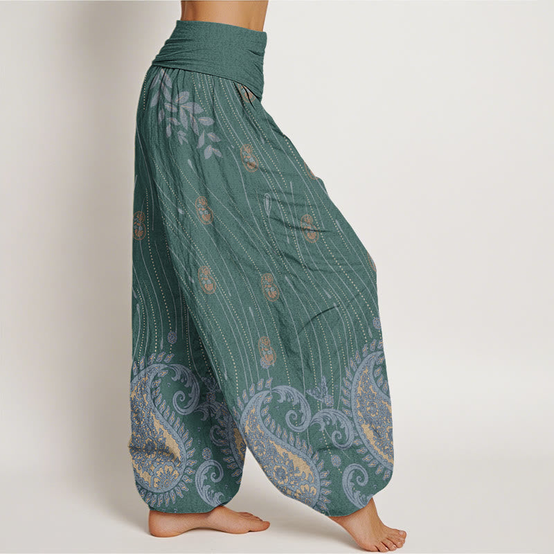 Buddha Stones Casual Paisley Plant Leaves Wavy Line Pattern Women's Elastic Waist Harem Pants - image 5