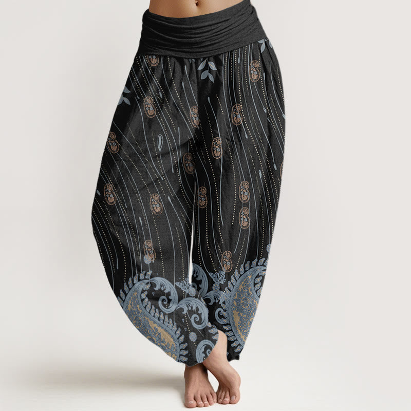 Buddha Stones Casual Paisley Plant Leaves Wavy Line Pattern Women's Elastic Waist Harem Pants - Black - US22，UK/AU26，EU54 (6XL) - image 7