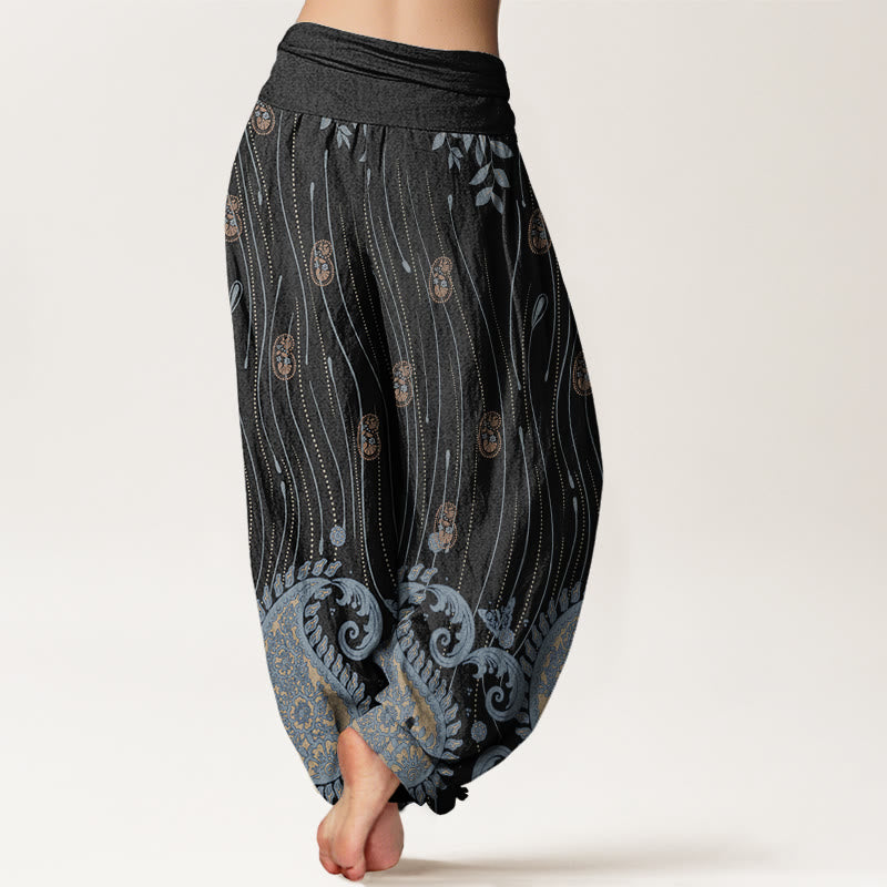 Buddha Stones Casual Paisley Plant Leaves Wavy Line Pattern Women's Elastic Waist Harem Pants - image 9