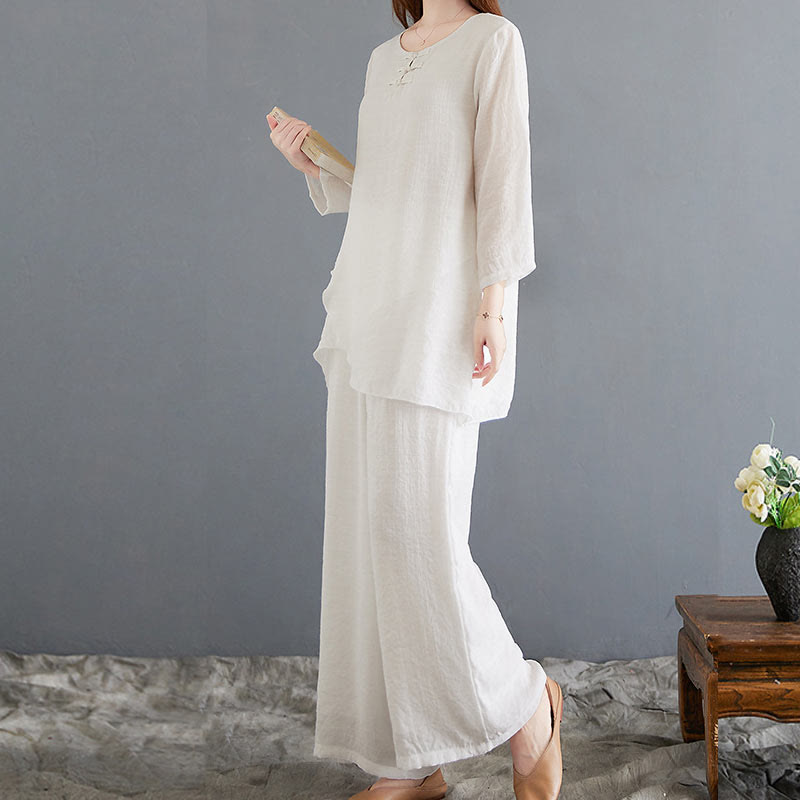 Buddha Stones 2Pcs Beige Chinese Frog-Button Design Long Sleeve Shirt Top Pants Meditation Zen Tai Chi Cotton Linen Clothing Women's Set - image 5