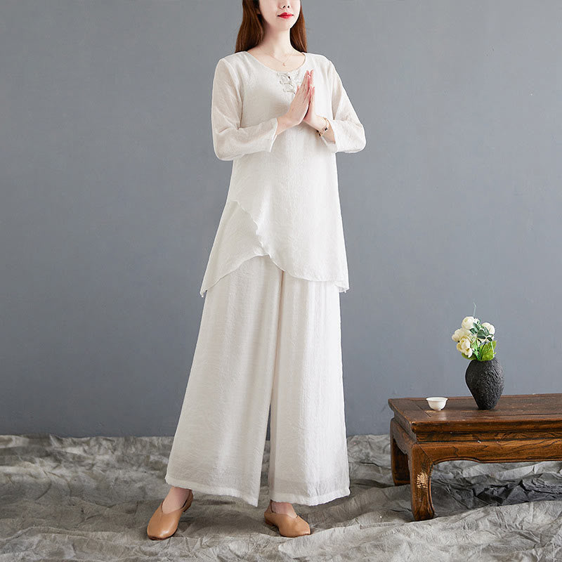 Buddha Stones 2Pcs Beige Chinese Frog-Button Design Long Sleeve Shirt Top Pants Meditation Zen Tai Chi Cotton Linen Clothing Women's Set - image 1