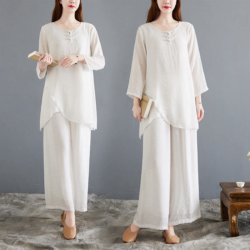 Buddha Stones 2Pcs Beige Chinese Frog-Button Design Long Sleeve Shirt Top Pants Meditation Zen Tai Chi Cotton Linen Clothing Women's Set - image 20