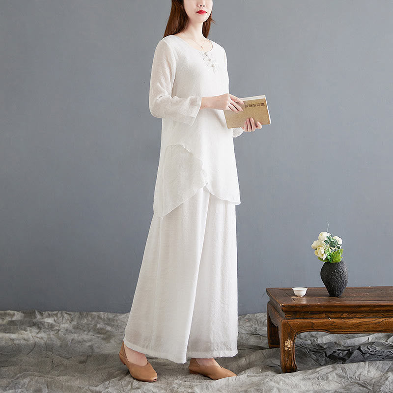 Buddha Stones 2Pcs Beige Chinese Frog-Button Design Long Sleeve Shirt Top Pants Meditation Zen Tai Chi Cotton Linen Clothing Women's Set - image 6