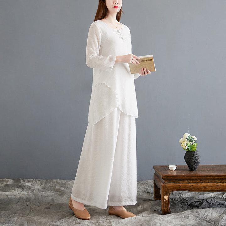 Buddha Stones 2Pcs Beige Chinese Frog-Button Design Long Sleeve Shirt Top Pants Meditation Zen Tai Chi Cotton Linen Clothing Women's Set - image 6