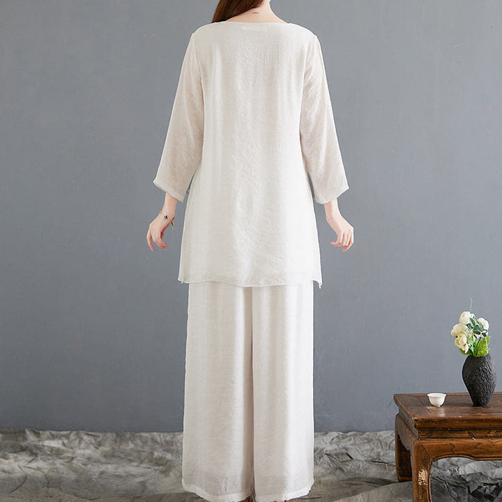 Buddha Stones 2Pcs Beige Chinese Frog-Button Design Long Sleeve Shirt Top Pants Meditation Zen Tai Chi Cotton Linen Clothing Women's Set - image 2