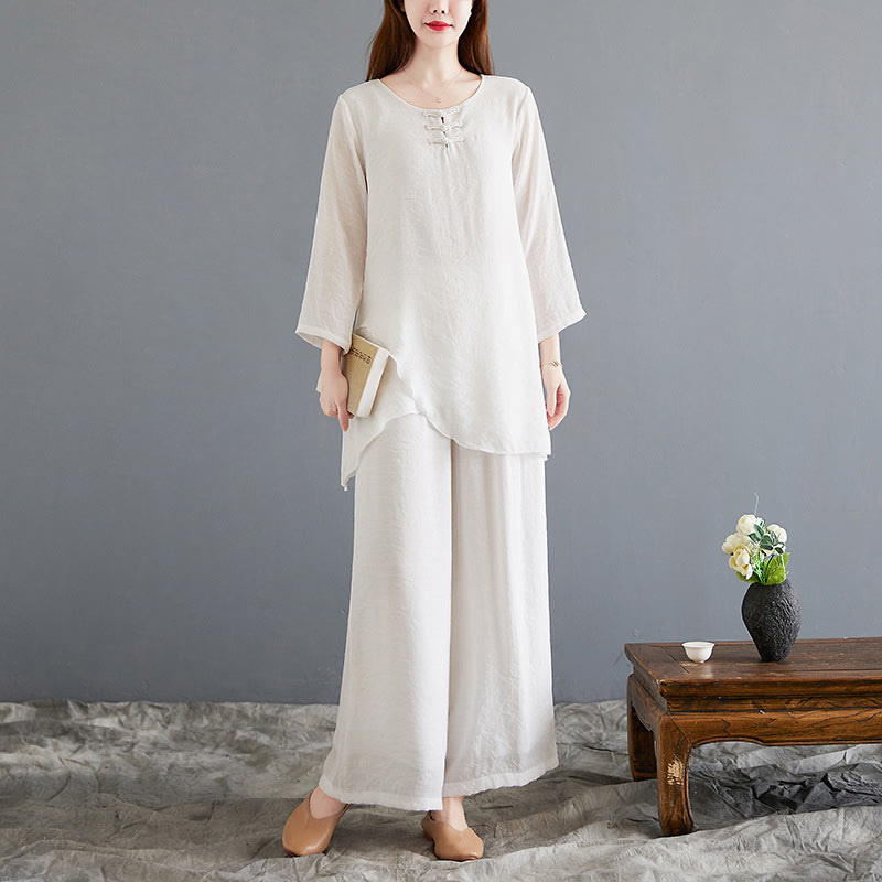 Buddha Stones 2Pcs Beige Chinese Frog-Button Design Long Sleeve Shirt Top Pants Meditation Zen Tai Chi Cotton Linen Clothing Women's Set - Beige - US8-10，UK/AU12-14，EU40-42 (2XL) - image 0