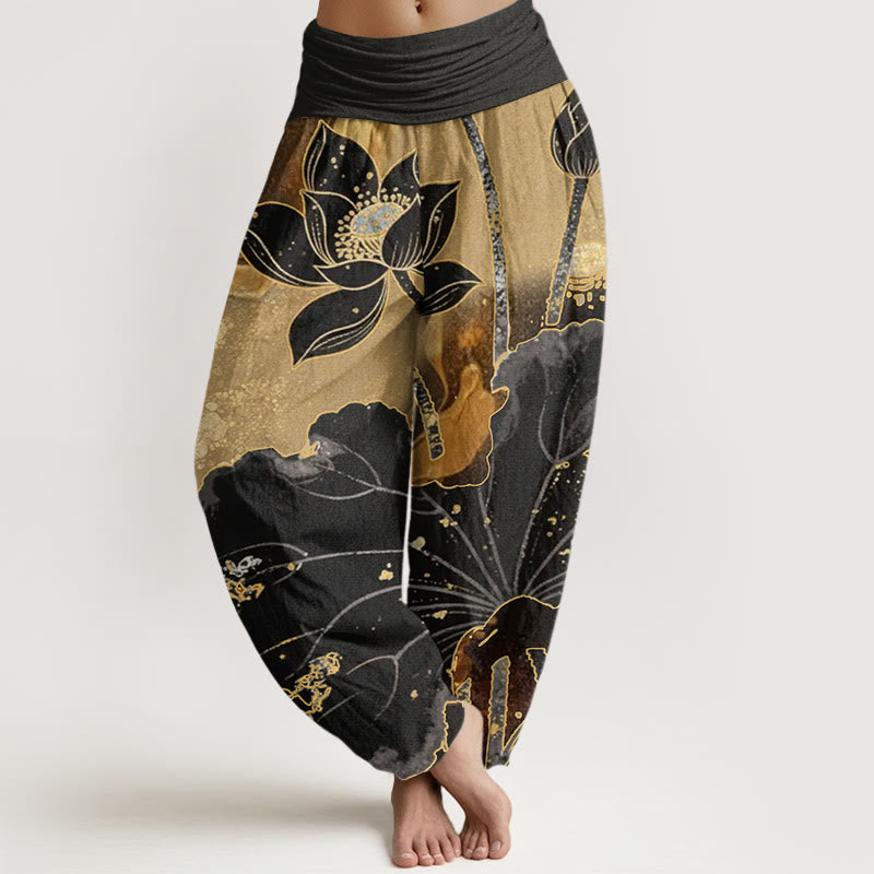Buddha Stones Cotton Casual Lotus Petal Pattern Women's Elastic Waist Harem Pants - Black - US22，UK/AU26，EU54 (6XL) - image 0