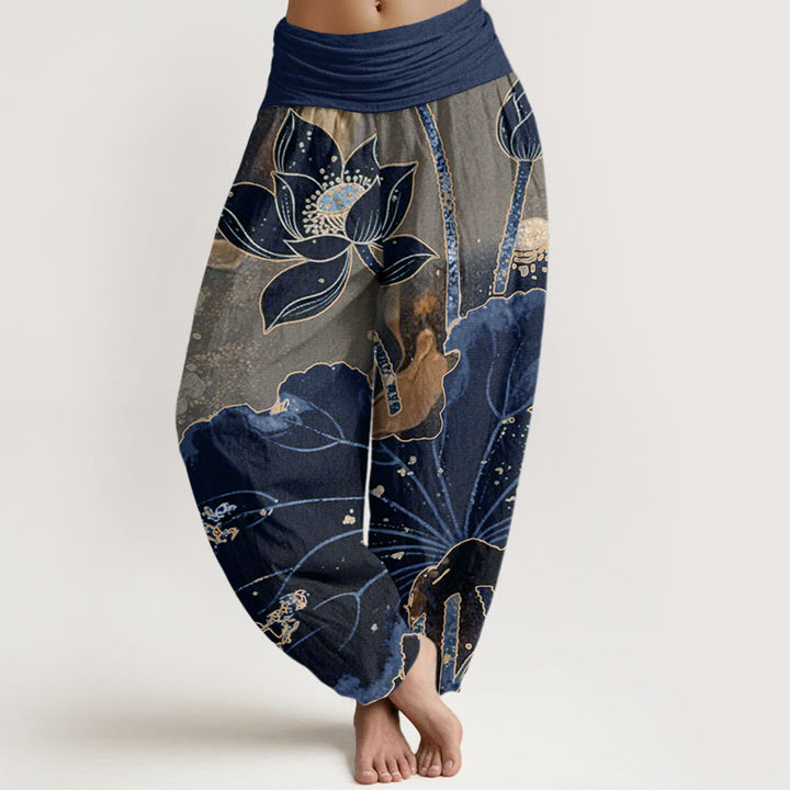 Buddha Stones Cotton Casual Lotus Petal Pattern Women's Elastic Waist Harem Pants - Navy - US22，UK/AU26，EU54 (6XL) - image 7