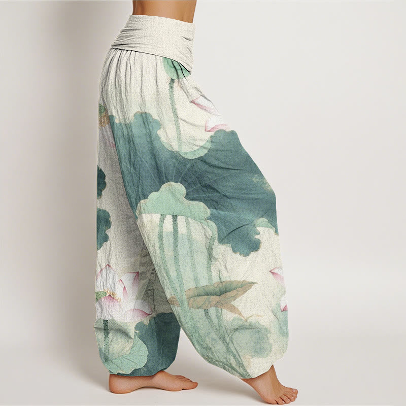 Buddha Stones Casual Lotus Petal Pods Pattern Women's Elastic Waist Harem Pants - image 1