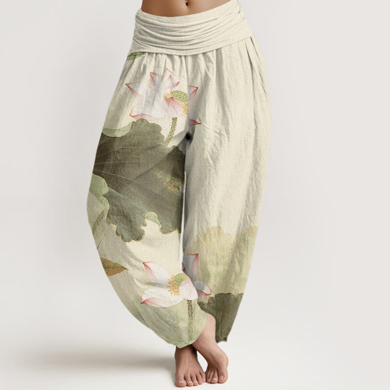 Buddha Stones Cotton Casual Lotus Petal Pods Pattern Women's Elastic Waist Harem Pants - Beige - US22，UK/AU26，EU54 (6XL) - image 4