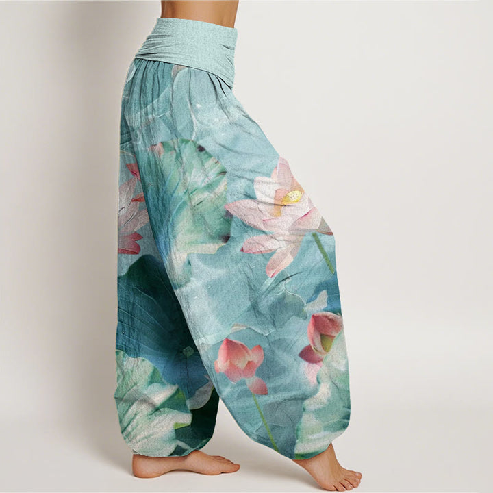 Buddha Stones Cotton Casual Lotus Petal Pond Pattern Women's Elastic Waist Harem Pants - image 1
