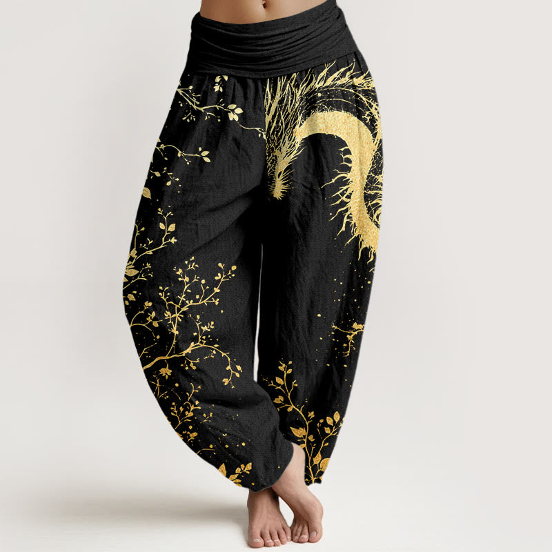 Buddha Stones Casual Dragon Flower Leaf Pattern Women's Elastic Waist Harem Pants - Black - US22，UK/AU26，EU54 (6XL) - image 0