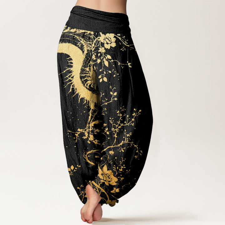 Buddha Stones Casual Dragon Flower Leaf Pattern Women's Elastic Waist Harem Pants - image 2