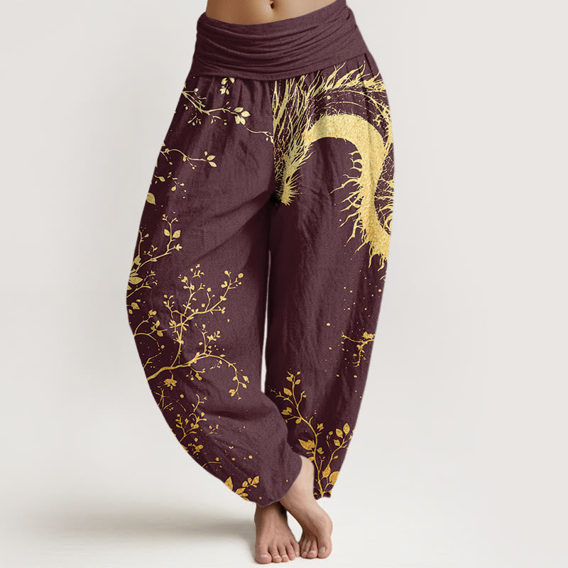 Buddha Stones Casual Dragon Flower Leaf Pattern Women's Elastic Waist Harem Pants - Maroon - US22，UK/AU26，EU54 (6XL) - image 4