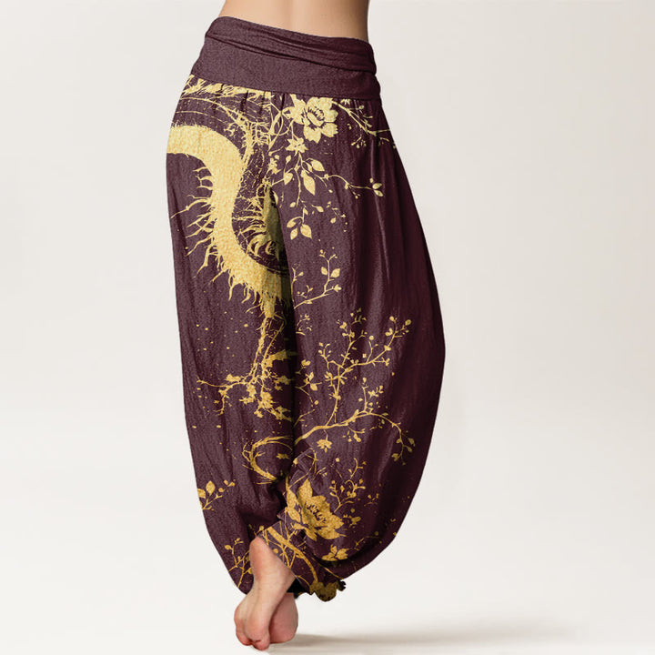 Buddha Stones Casual Dragon Flower Leaf Pattern Women's Elastic Waist Harem Pants - image 6