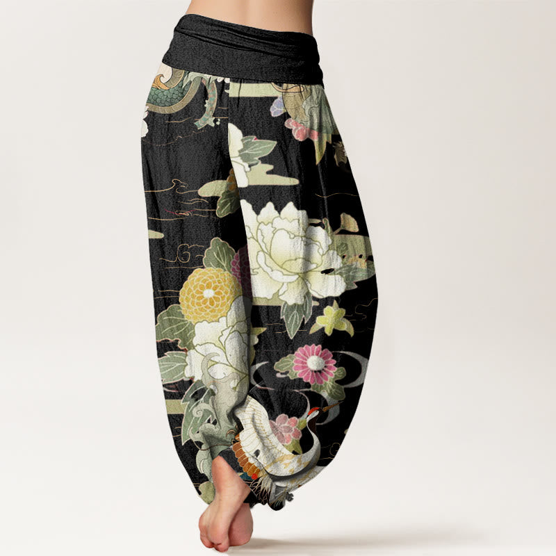 Buddha Stones Cotton Casual Dragon Red-crowned Crane Peony Flower Pattern Women's Elastic Waist Harem Pants - image 6