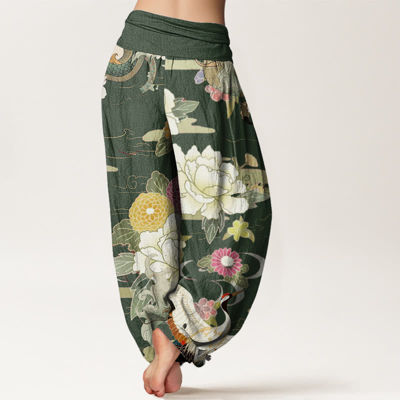 Buddha Stones Casual Dragon Red-crowned Crane Peony Flower Pattern Women's Elastic Waist Harem Pants - image 9