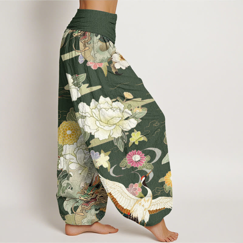 Buddha Stones Cotton Casual Dragon Red-crowned Crane Peony Flower Pattern Women's Elastic Waist Harem Pants - image 8
