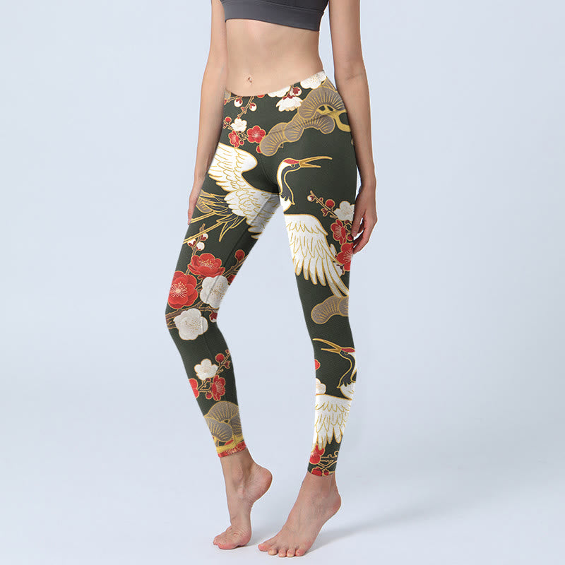 Buddha Stones Red Crowned Cranes Plum Blossoms Branches Pattern Print Gym Leggings Women's Yoga Pants - Black - US18，UK/AU22，EU50 (4XL) - image 0