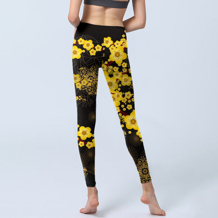Buddha Stones Yellow Cherry Blossoms Bamboo Leaves Firework Pattern Print Gym Leggings Women's Yoga Pants - image 6