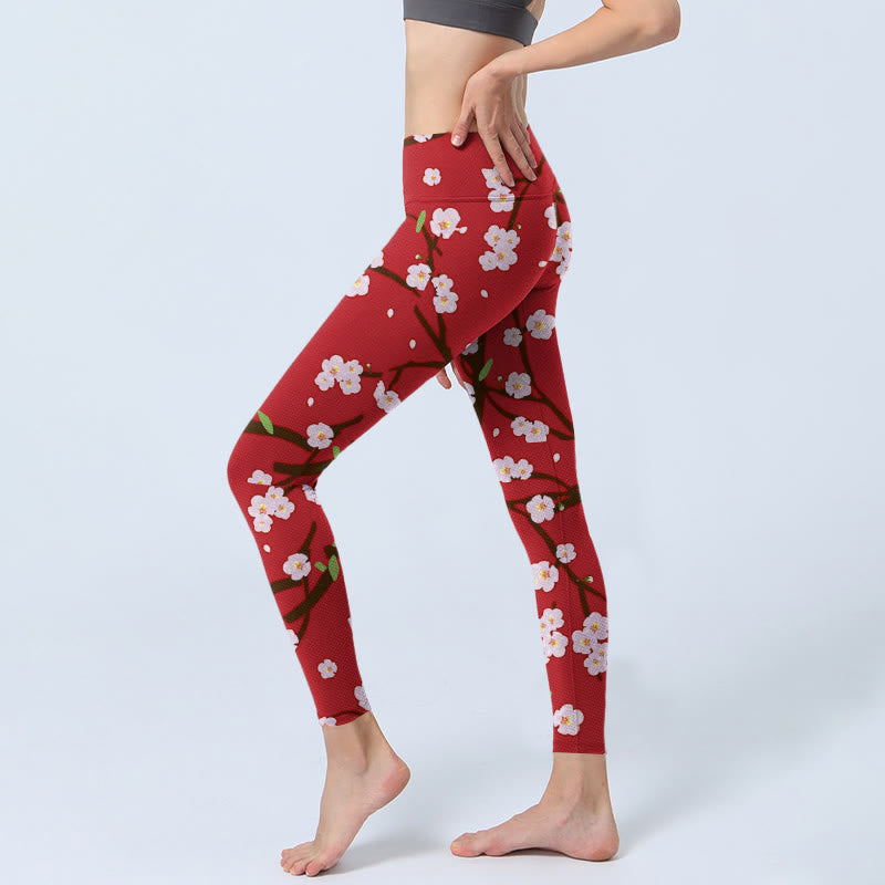 Buddha Stones Plum Blossoms Branches Leaves Pattern Print Gym Leggings Women's Yoga Pants - image 2