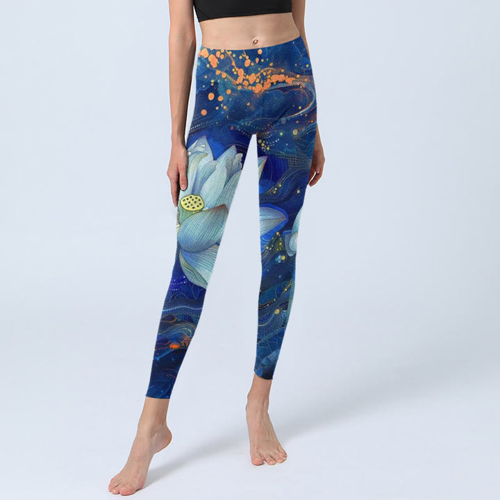 Buddha Stones Blooming White Lotus Pattern Print Gym Leggings Women's Yoga Pants - image 5