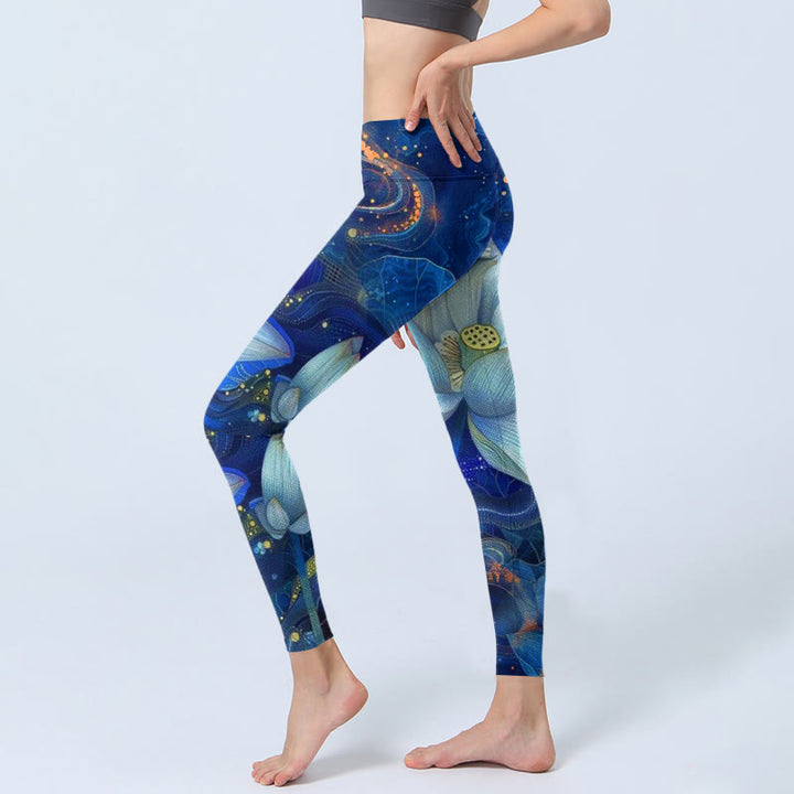 Buddha Stones Blooming White Lotus Pattern Print Gym Leggings Women's Yoga Pants - image 2