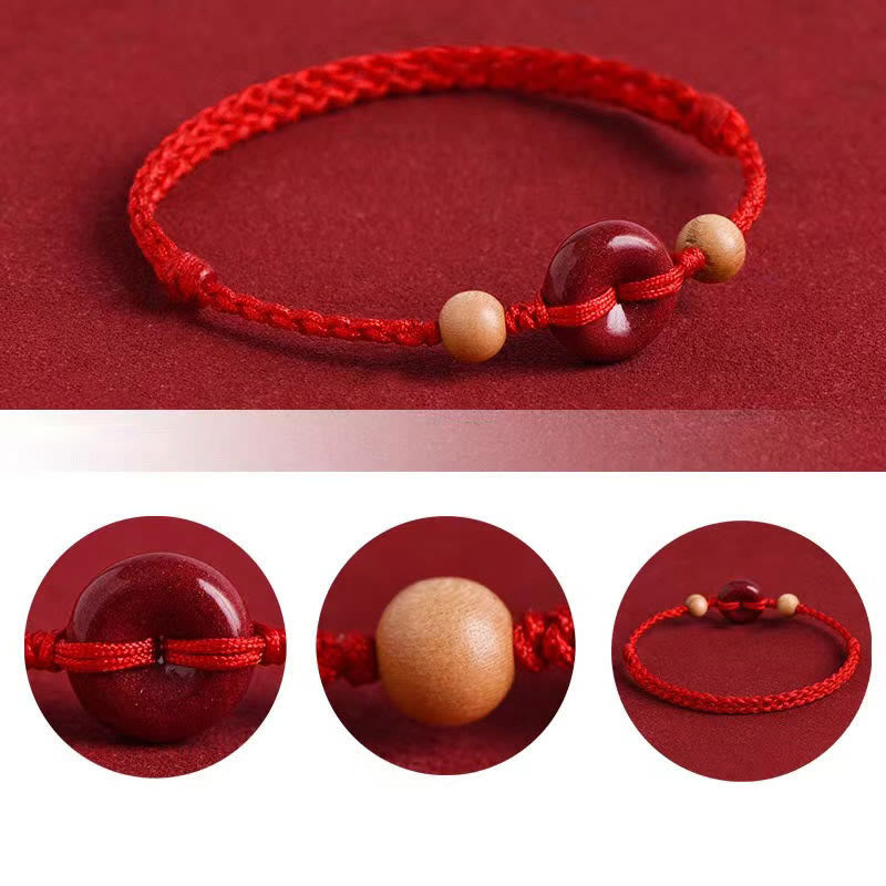 Buddha Stones Peach Wood Peace Buckle Cinnabar Wealth String Bracelet Anklet - image 2