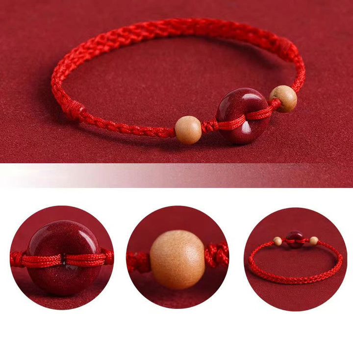 Buddha Stones Peach Wood Peace Buckle Cinnabar Wealth String Bracelet Anklet - image 2